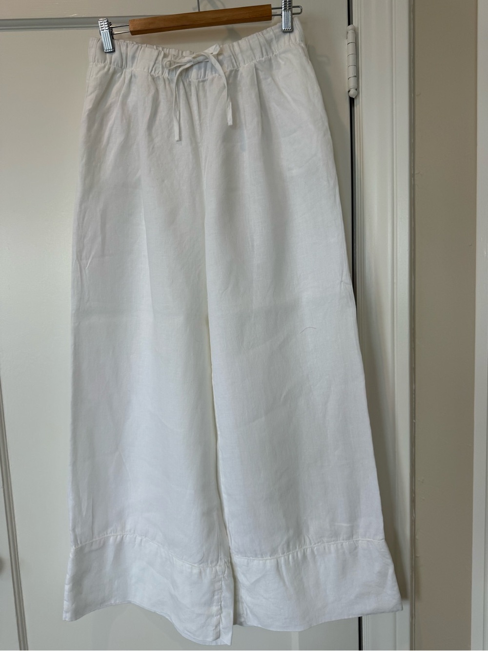 Zara White Wide-Leg Drawstring Linen-Blend Pants